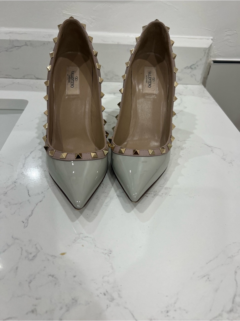 Valentino Patent Pointed Toe Pumps in White with Pink Trim and Gold Studs